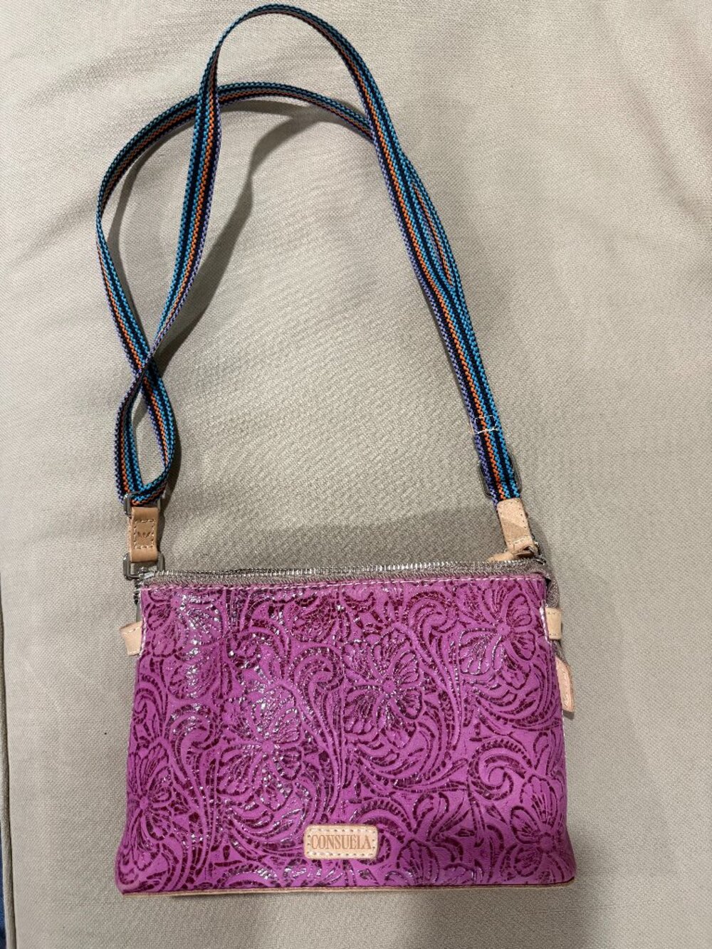 Consuela Pink Floral Embossed Leather Crossbody Bag Adjustable Strap